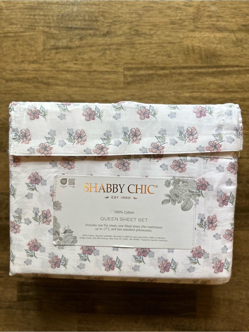 New Shabby Chic Cottagecore Pink and Gray Floral Queen 100% Cotton Sheet Set